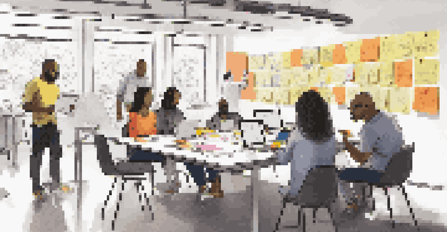 A diverse team of designers working together at a table with sketches and digital devices, surrounded by colorful post-it notes and a whiteboard.