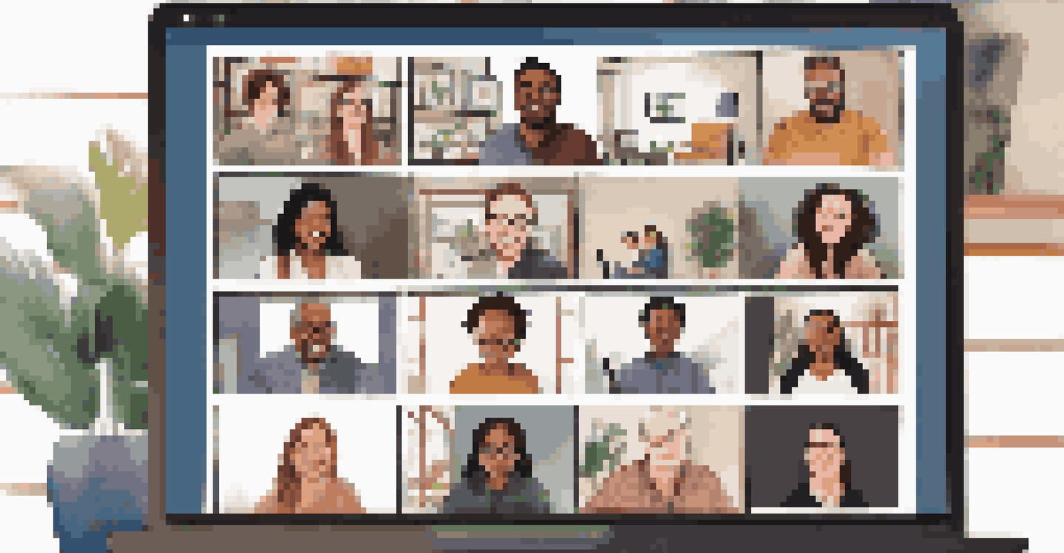 A computer screen showing a video call with diverse participants in a virtual brainstorming session, set in a cozy home office.