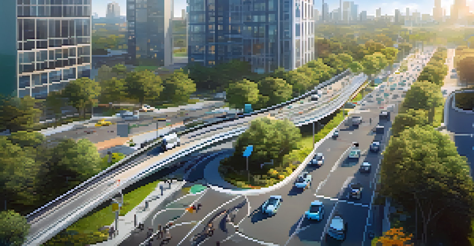 Aerial view of a modern city with smart transportation, featuring autonomous vehicles and green spaces.