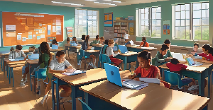 A vibrant classroom where students of different backgrounds are using digital devices to engage in personalized learning, with educational content displayed on screens.