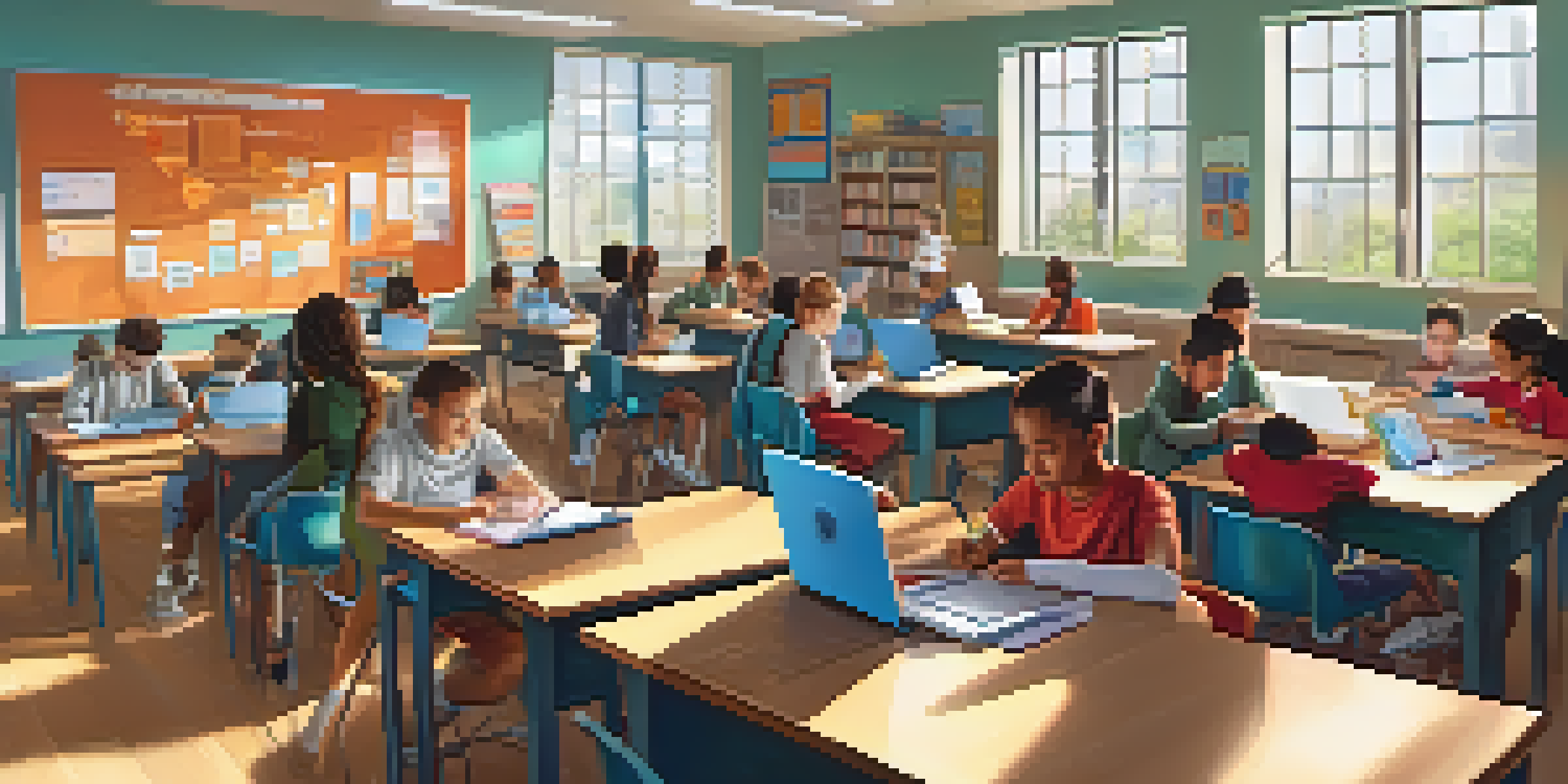 A vibrant classroom where students of different backgrounds are using digital devices to engage in personalized learning, with educational content displayed on screens.