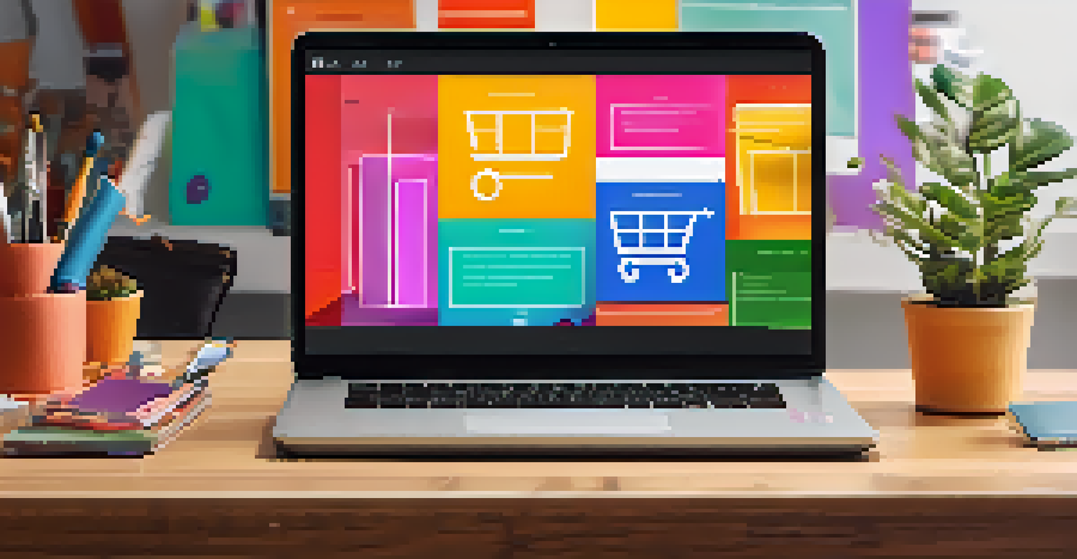 A lively e-commerce scene with a laptop displaying a WooCommerce storefront, surrounded by colorful product images and digital marketing elements.