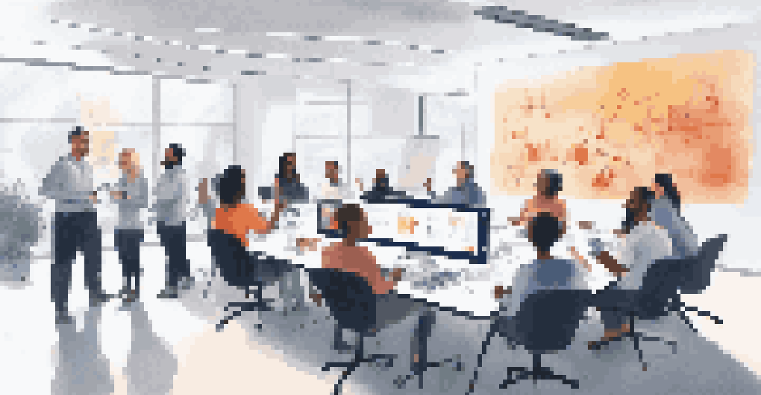 A group of diverse employees participating in a training session on RPA tools in a bright room with a large screen.