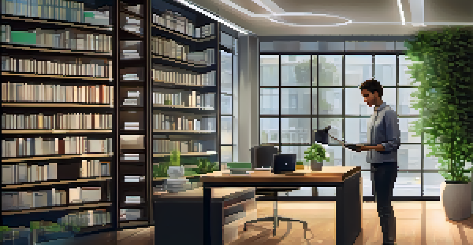A person in an office setting using a tablet to interact with a virtual assistant, surrounded by bookshelves and plants.