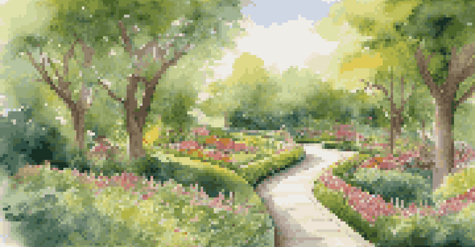 A winding pathway through a green landscape, symbolizing continuous improvement with milestones.