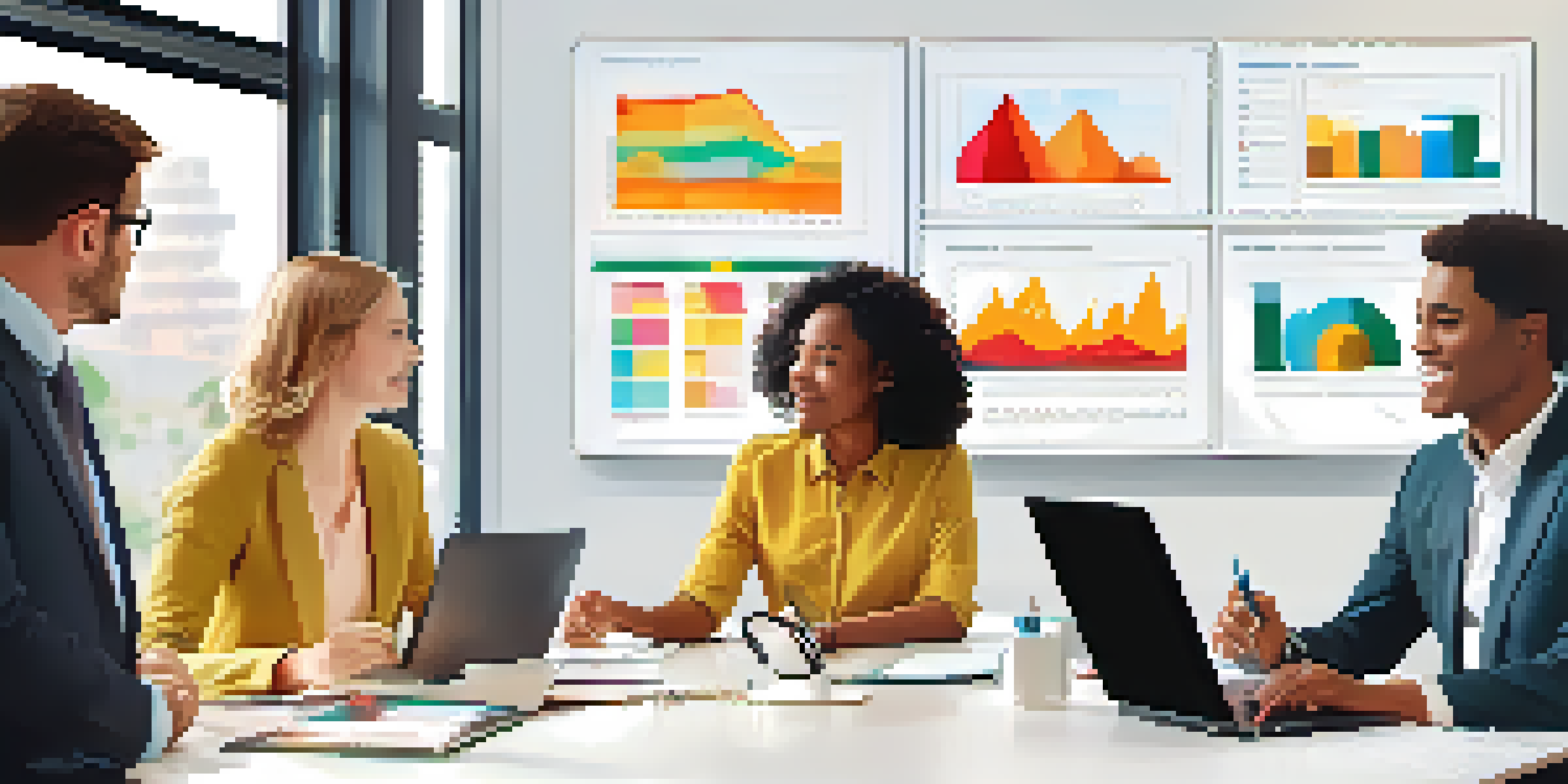 A diverse group of professionals collaborating in a bright office space, discussing predictive analytics with charts on a whiteboard.