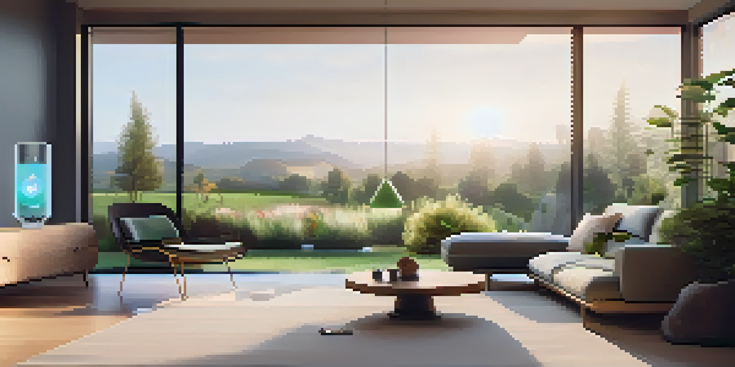 A modern living room with a smart thermostat and a view of a smart garden outside, showcasing a blend of technology and nature.