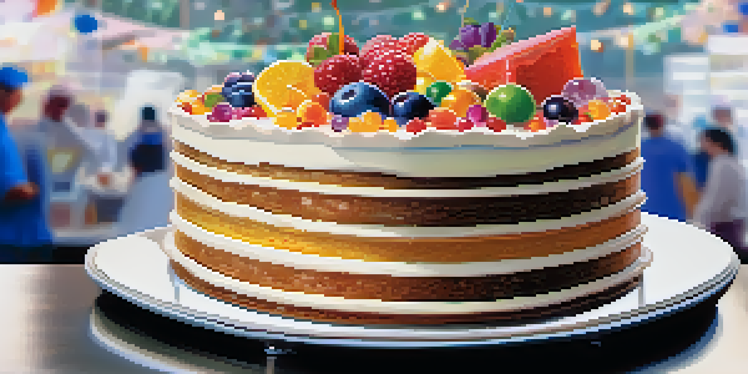 A multi-layered cake with vibrant decorations, symbolizing various participants in a supply chain, set in a soft-focus marketplace background.