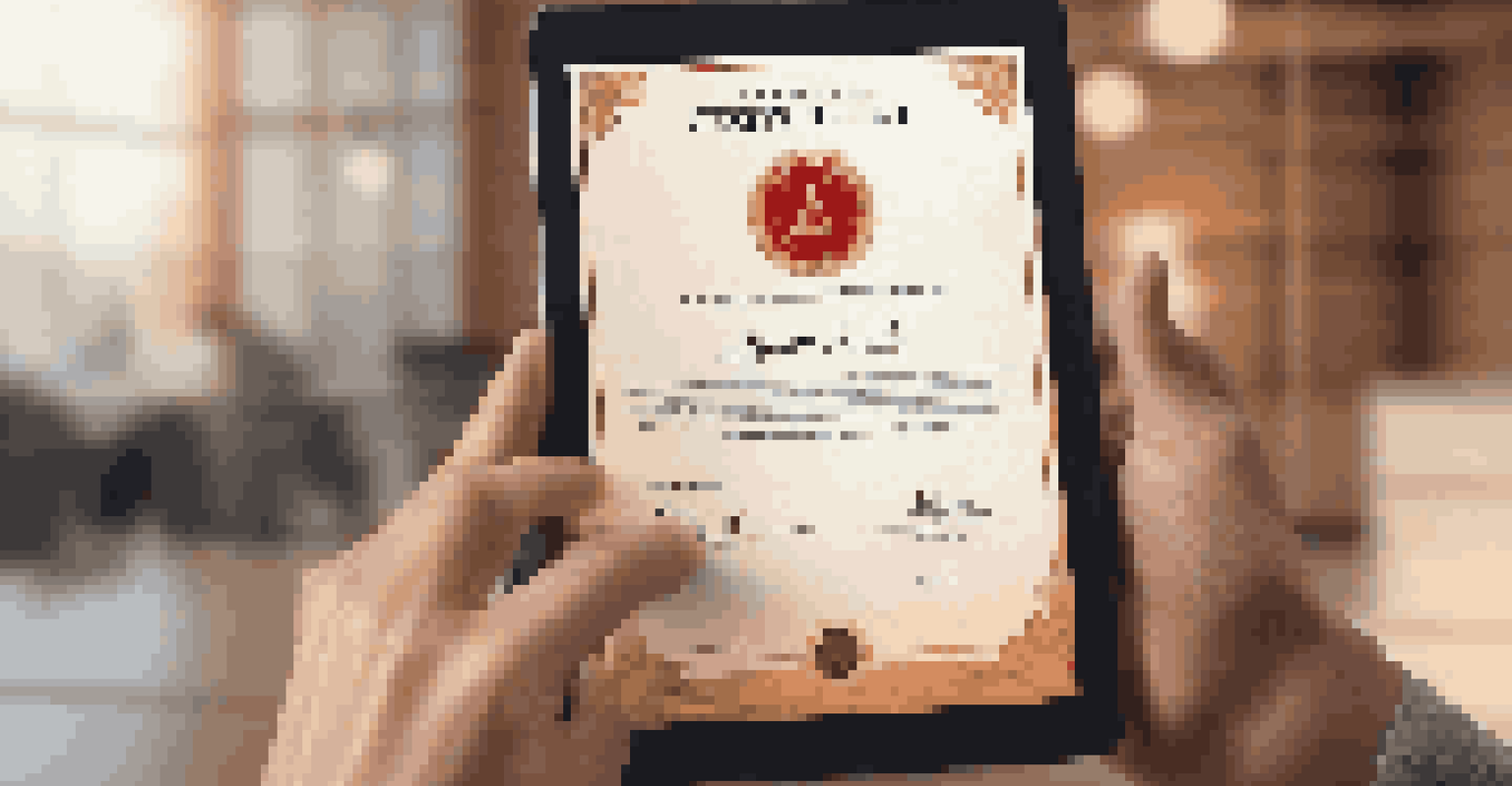 Close-up of a digital certificate being issued on a tablet with a smart contract overlay.