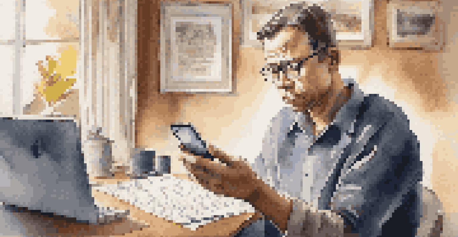 A person looking concerned while checking their bank statement on a smartphone in a cozy home office setting.