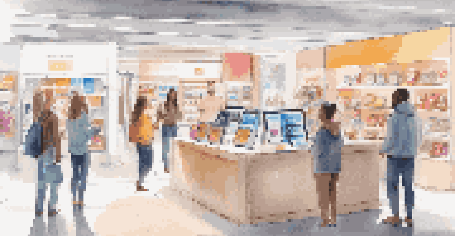 A modern retail store with customers using a digital kiosk for chatbot interactions, surrounded by vibrant product displays.
