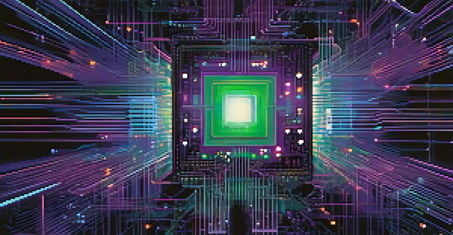 An abstract illustration of a quantum circuit board with glowing qubits and colorful lights.