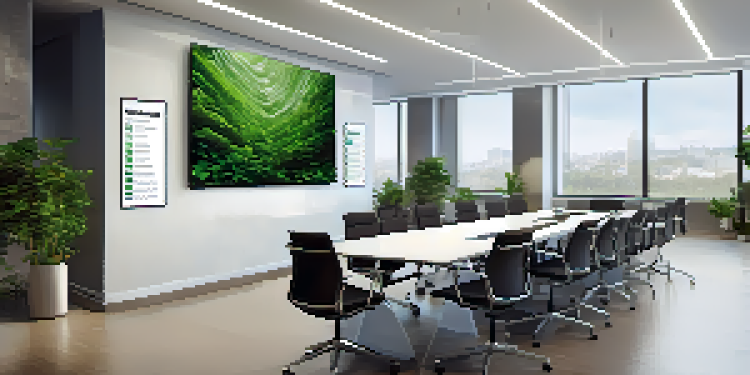A diverse group of professionals in a modern office space discussing data visualizations around a conference table.