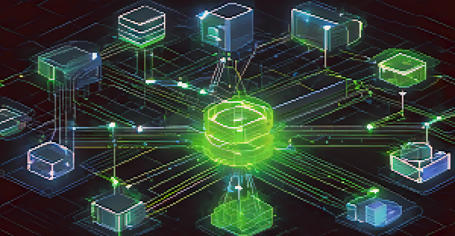 A digital illustration of blockchain technology with interconnected nodes and chains in neon blue and green colors.