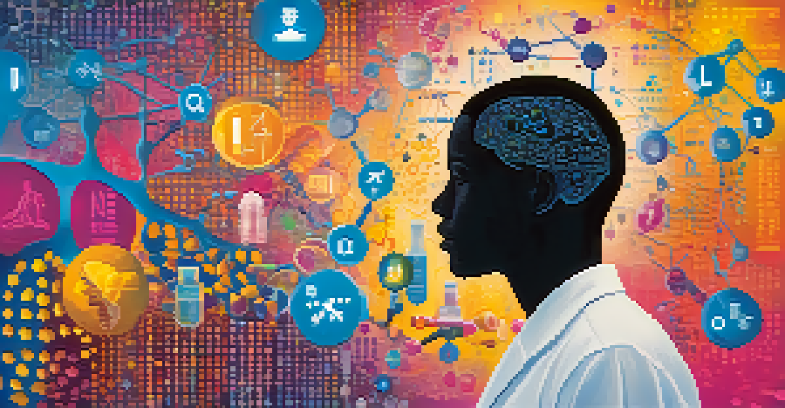 An abstract human silhouette surrounded by colorful DNA strands and medical icons, set against a vibrant background representing personalized medicine.