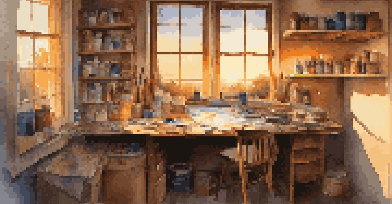 A colorful artist's workspace with paints, brushes, and a sunset painting.