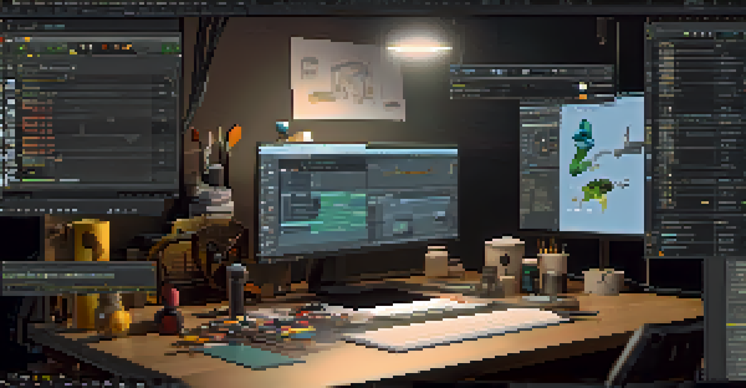 An artistic view of the Blender interface, showing a 3D character model being sculpted, with tools and sketches in a well-lit workspace.