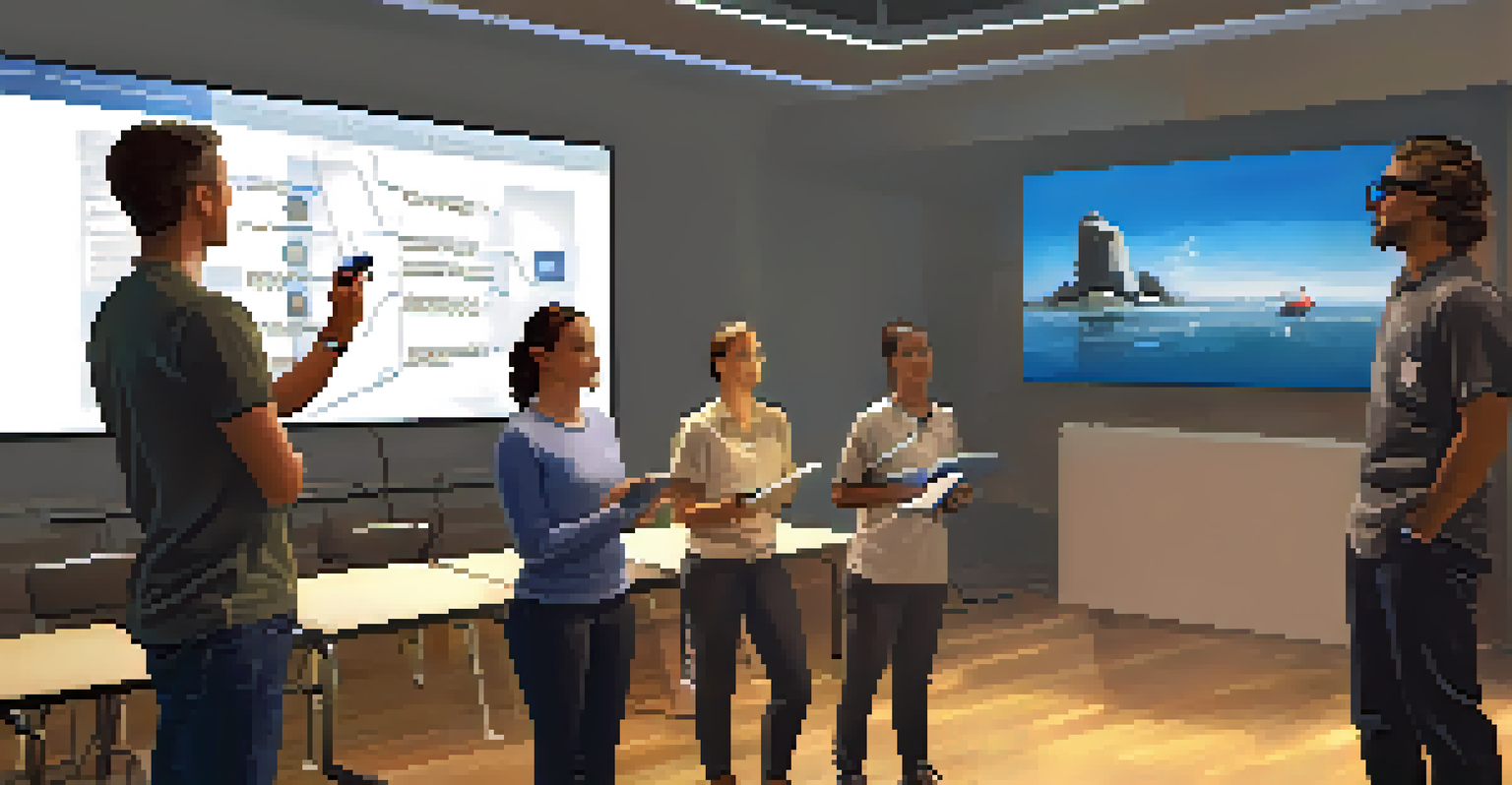 An instructor leading trainees in a VR environment designed for public speaking practice, with a virtual audience visible and warm lighting creating an inviting atmosphere.