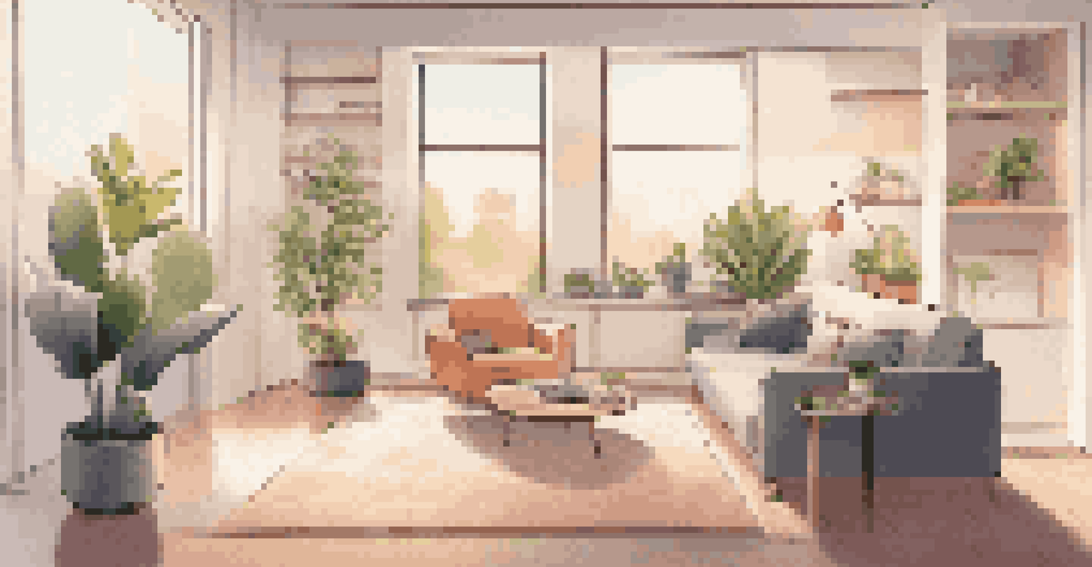 A modern living room featuring a smart home system interface on a tablet, surrounded by minimalist furniture and warm lighting.