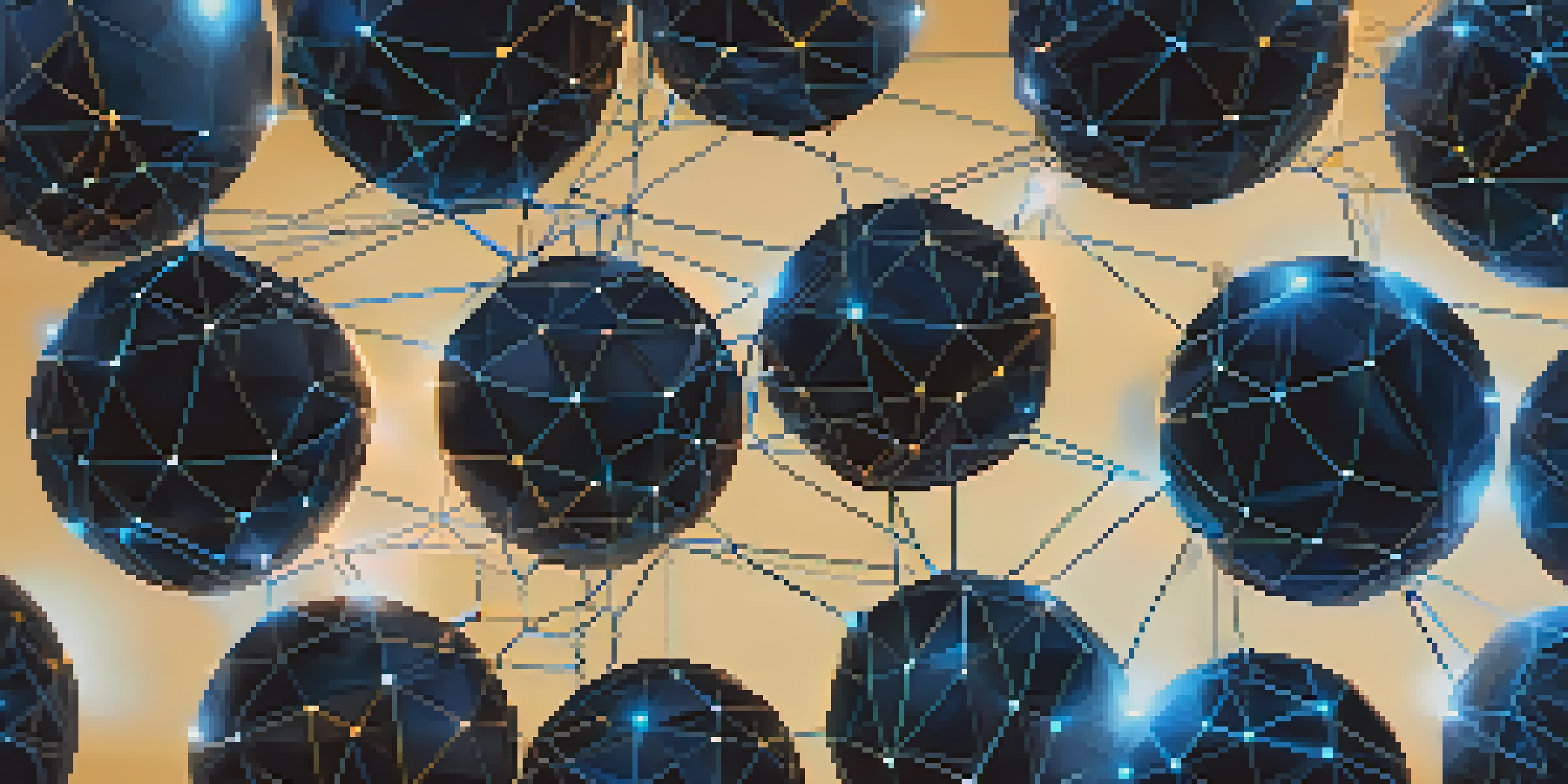 A close-up visualization of a blockchain network with interconnected glowing nodes and digital lines on a dark background.