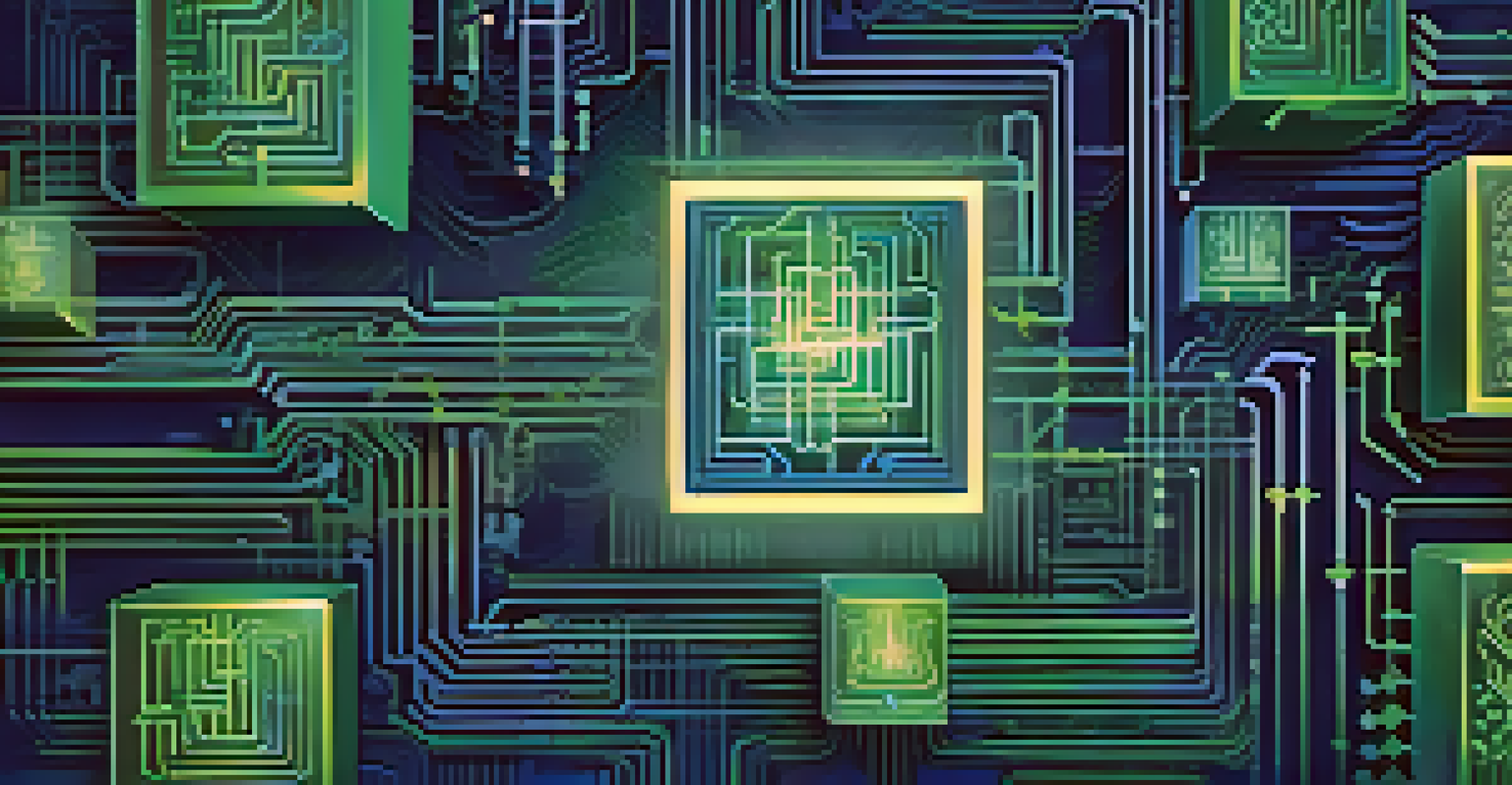 An abstract representation of blockchain technology with glowing interconnected blocks on a dark background.