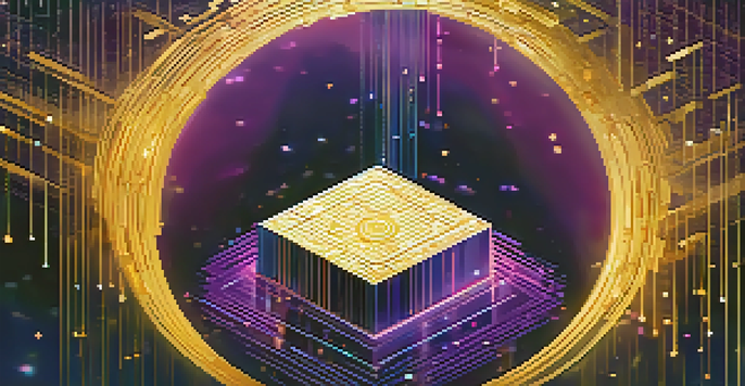 An abstract digital landscape featuring a locked box surrounded by glowing data streams and binary code, with a blue and purple gradient background.