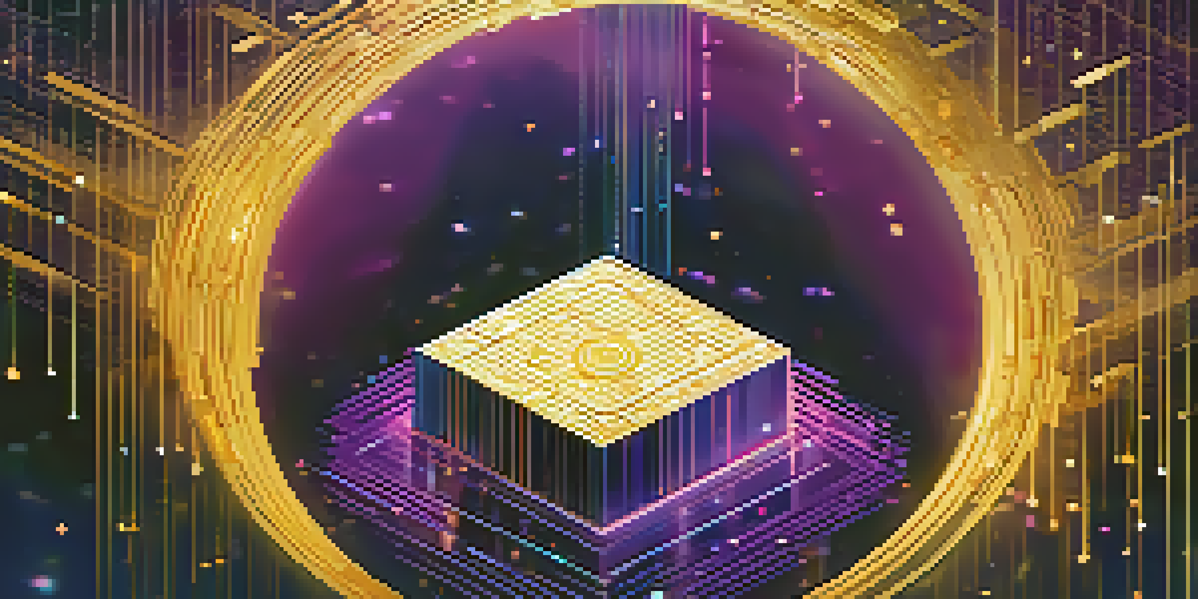 An abstract digital landscape featuring a locked box surrounded by glowing data streams and binary code, with a blue and purple gradient background.