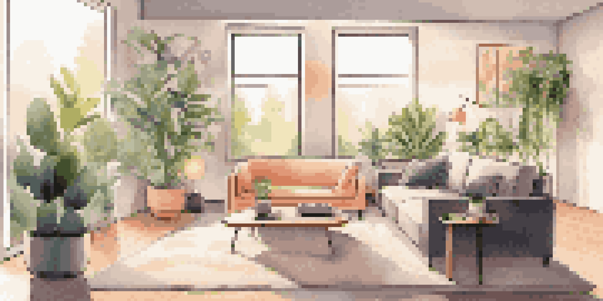 A modern living room with a smart speaker on a coffee table, soft lighting, and a stylish couch with indoor plants and art on the walls.