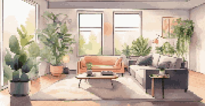 A modern living room with a smart speaker on a coffee table, soft lighting, and a stylish couch with indoor plants and art on the walls.
