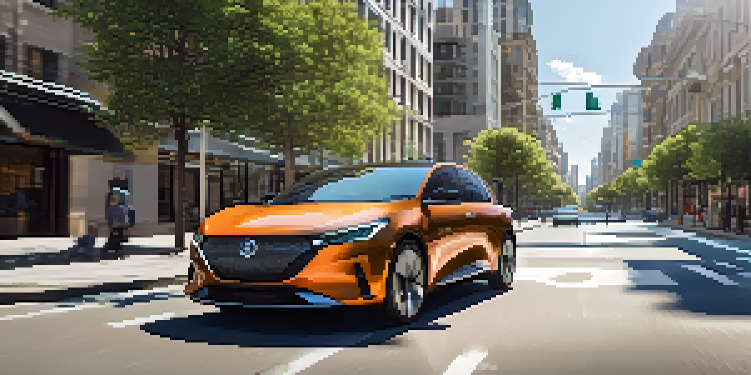 A modern car with advanced sensors parked at a smart traffic light, adjusting its signal based on traffic data in a sunny urban setting.
