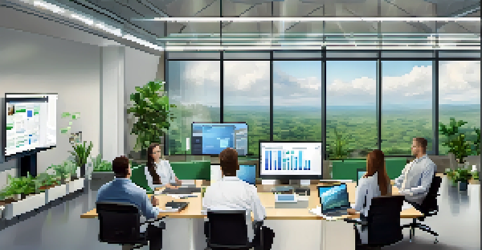 A diverse group of employees in a bright office engaged in a cloud security training session with laptops and digital screens.