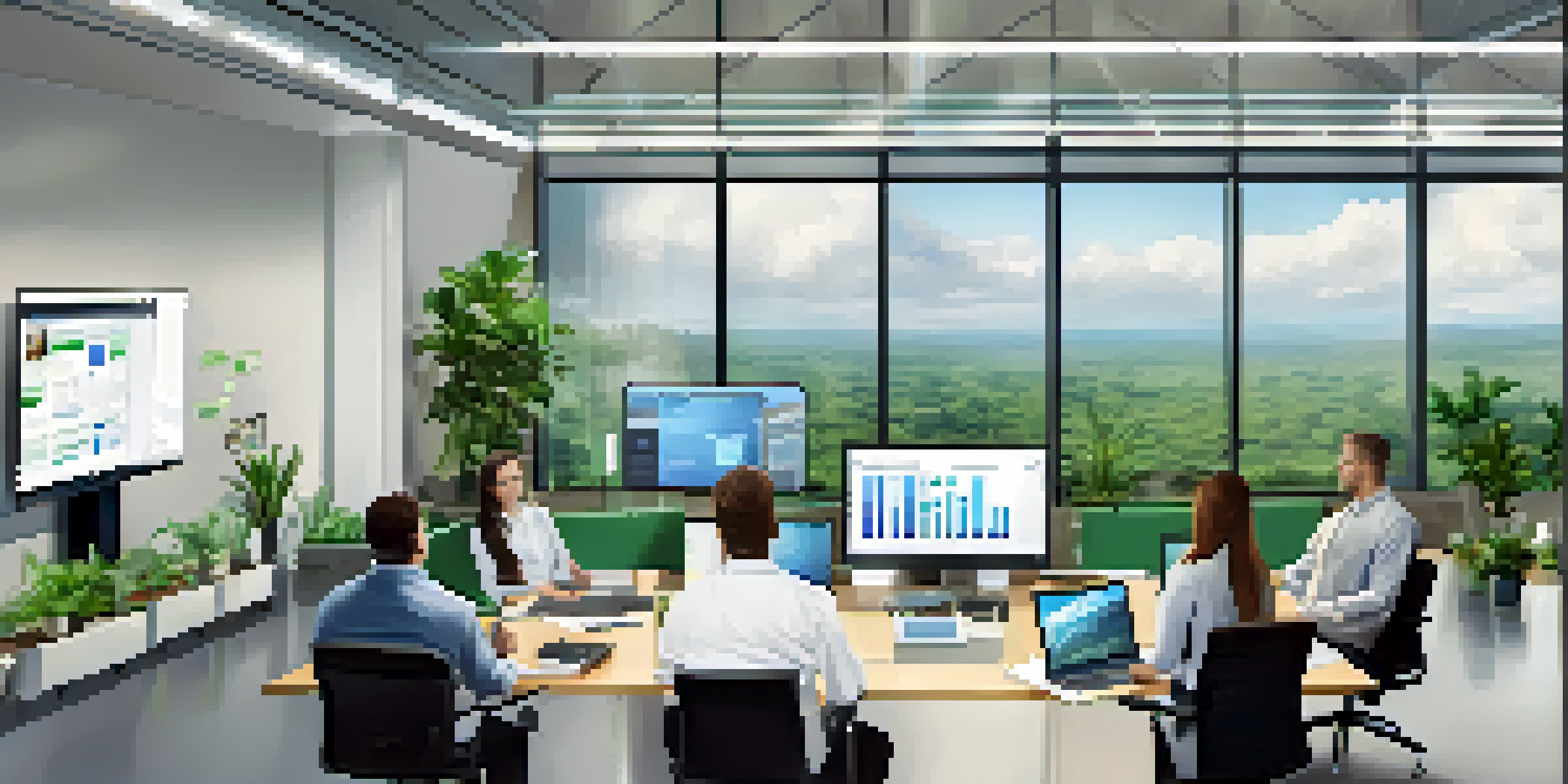 A diverse group of employees in a bright office engaged in a cloud security training session with laptops and digital screens.