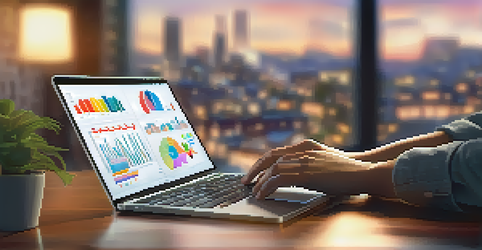 Close-up of hands typing on a laptop with colorful graphs on the screen in a cozy workspace.