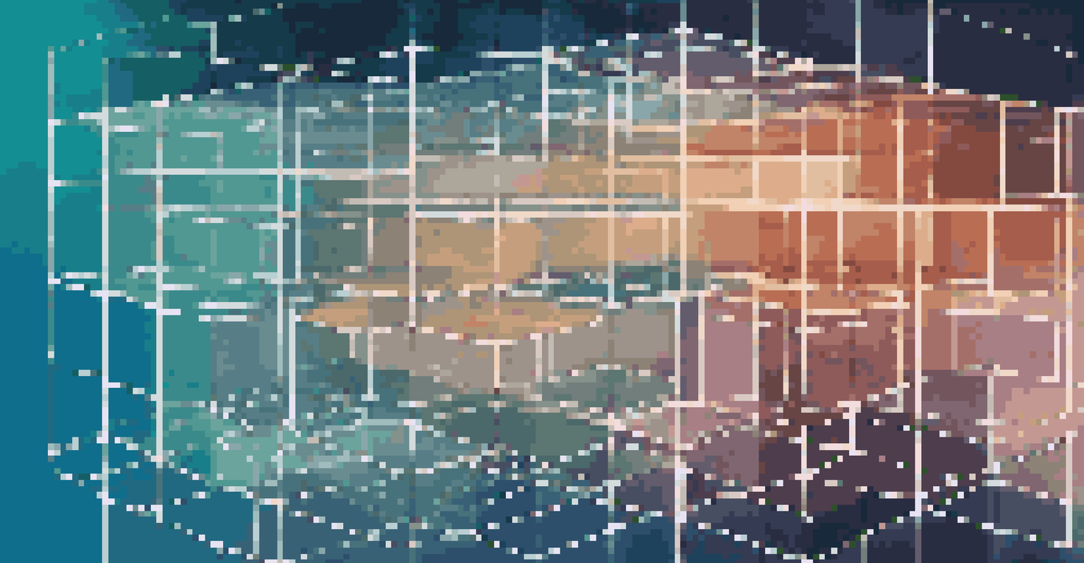 An abstract illustration of microservices architecture with colorful cubes and glowing lines in a digital space.