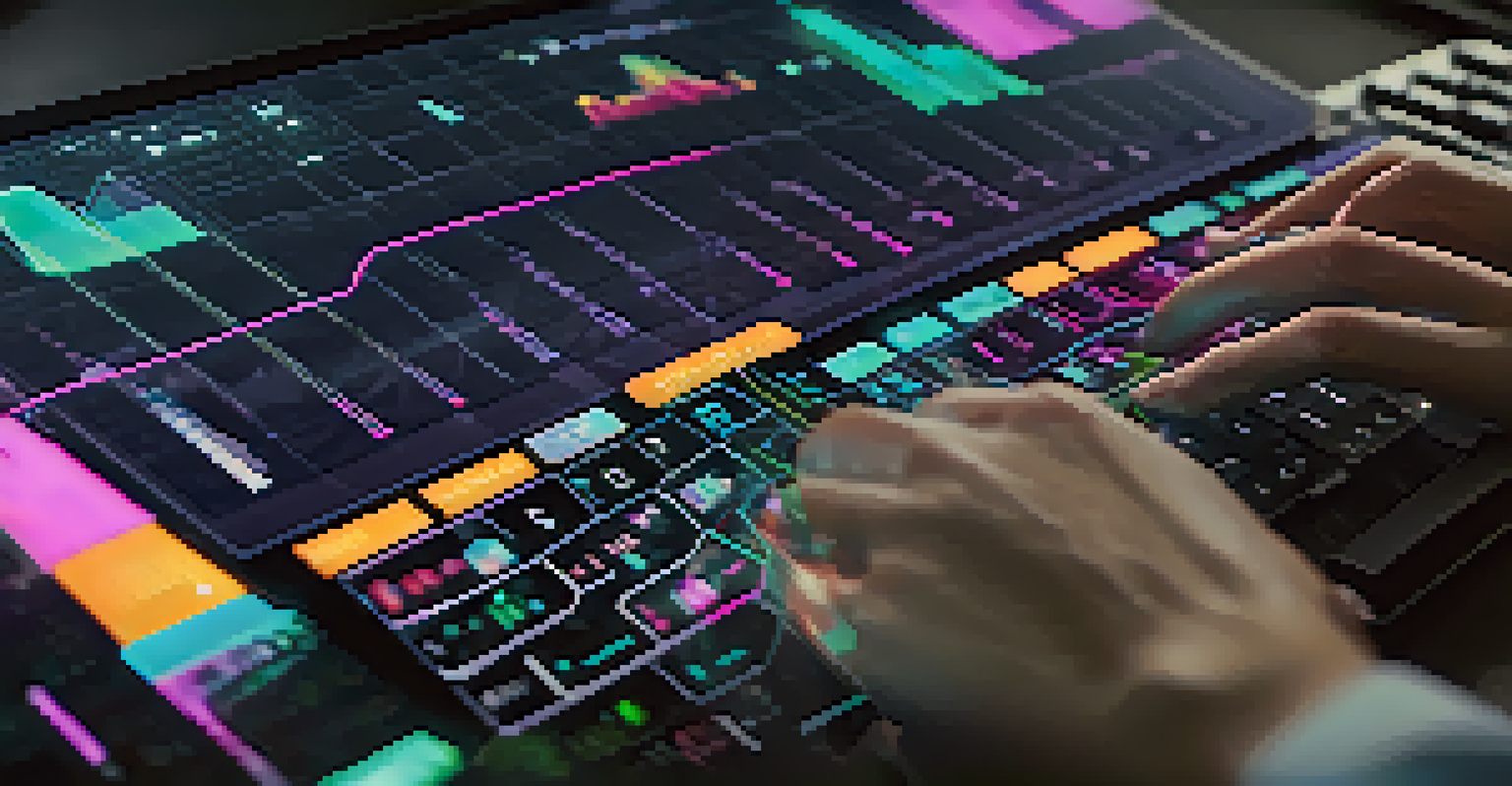 A close-up of hands typing on a keyboard with a glowing screen that displays real-time analytics.