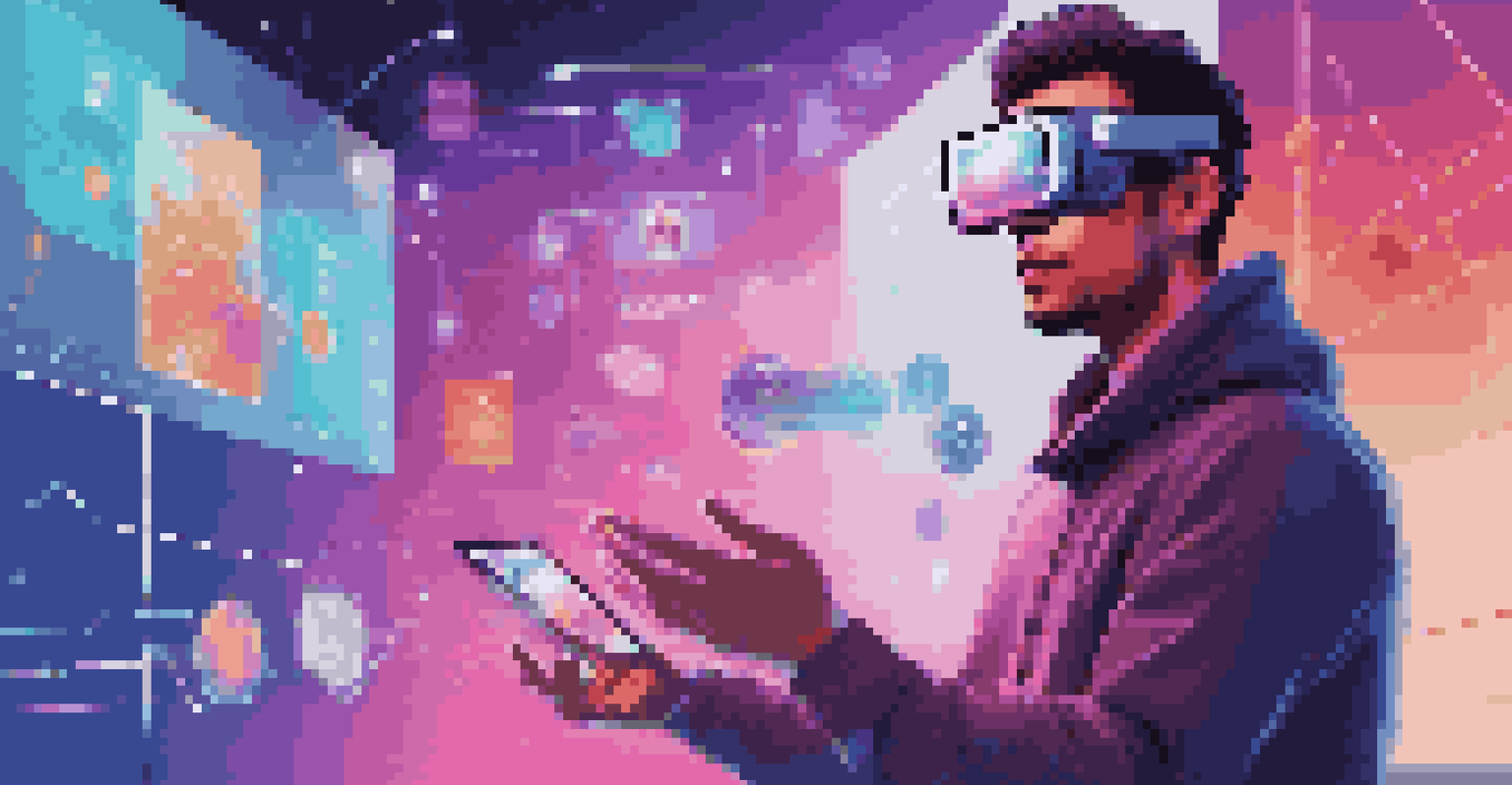 A person wearing AR glasses interacting with a voice user interface, with holographic icons and gamified elements in a vibrant, futuristic setting.