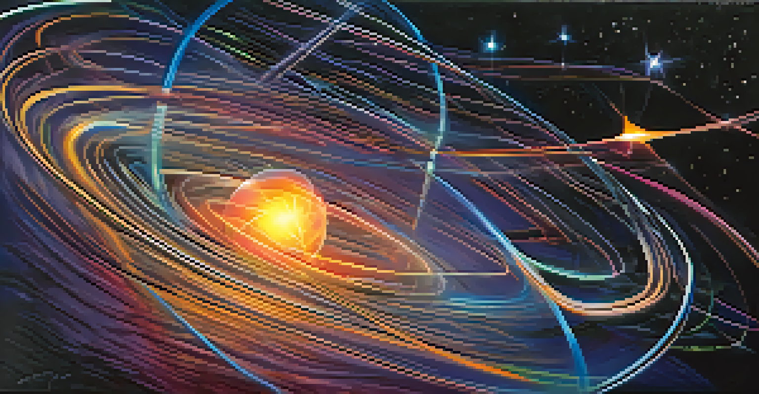 An abstract image depicting quantum entanglement with glowing qubits and swirling lines of light against a cosmic background.