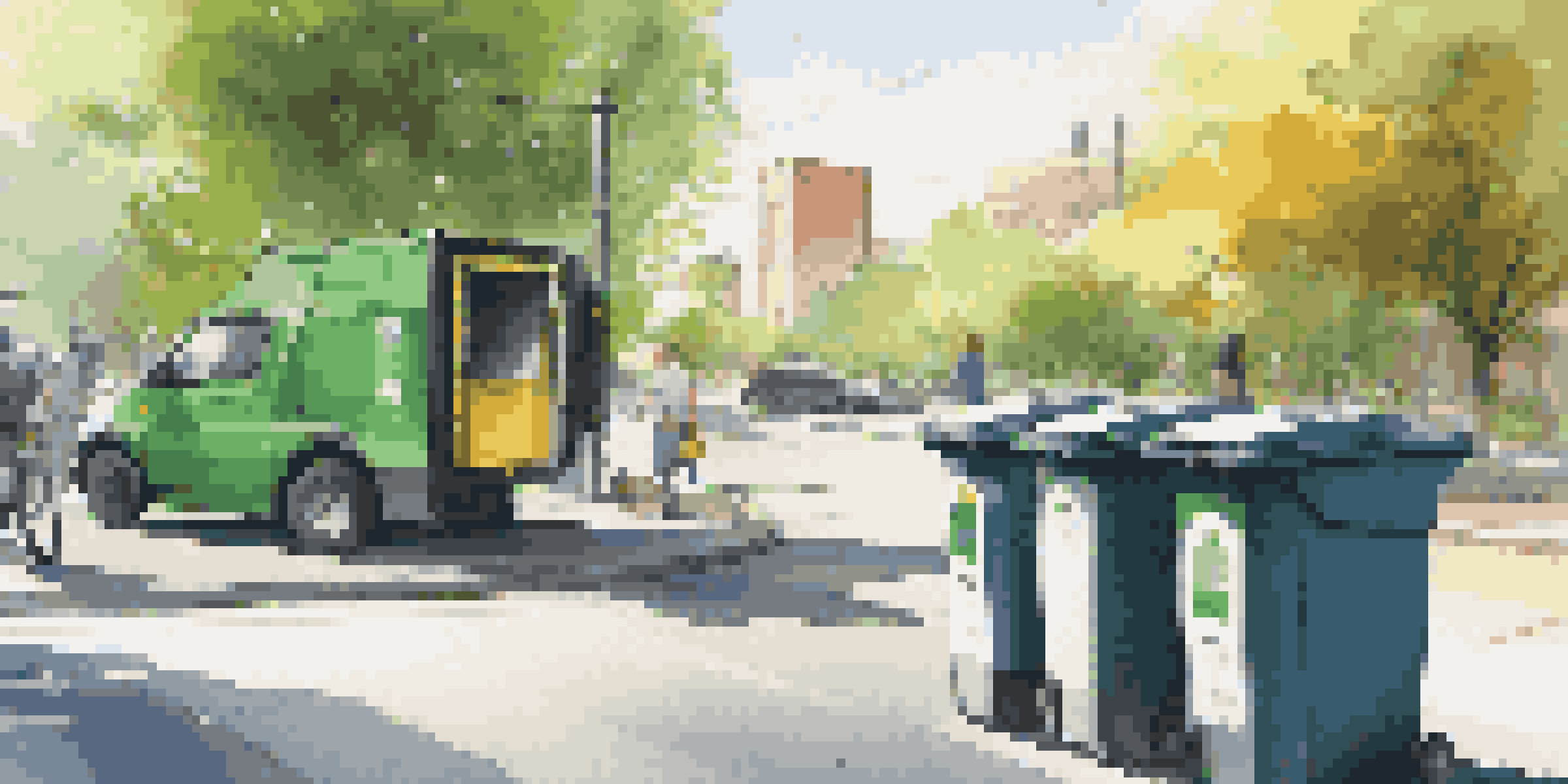 A clean city street featuring smart waste bins and a collection vehicle, with a driver using a tablet to monitor waste levels.