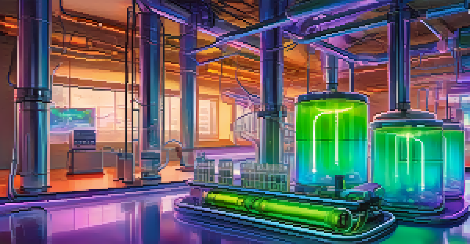A colorful depiction of a flow battery system with liquid electrolytes flowing through transparent tubes in a high-tech lab.