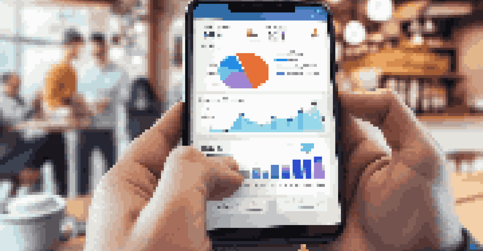 A hand using a smartphone to access a CRM app with graphs, with a blurred coffee shop in the background.