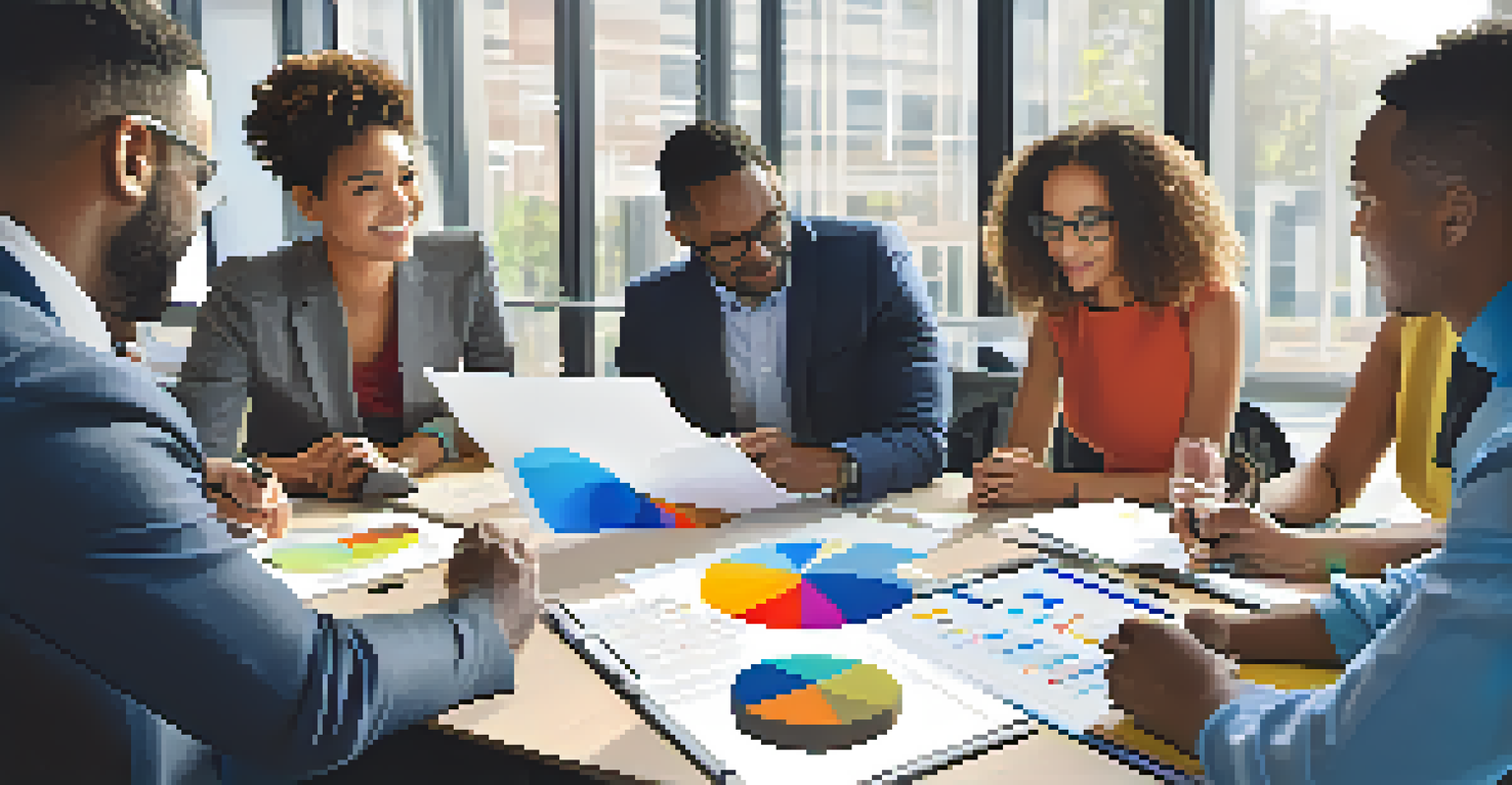 A group of professionals collaborating in a meeting, surrounded by documents and a laptop, with a whiteboard in the background.