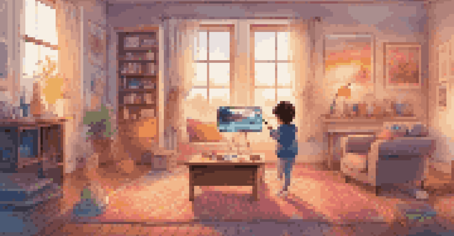 A child in a living room using augmented reality art tools to create vibrant 3D paintings that float around them, with a warm and inviting ambiance.