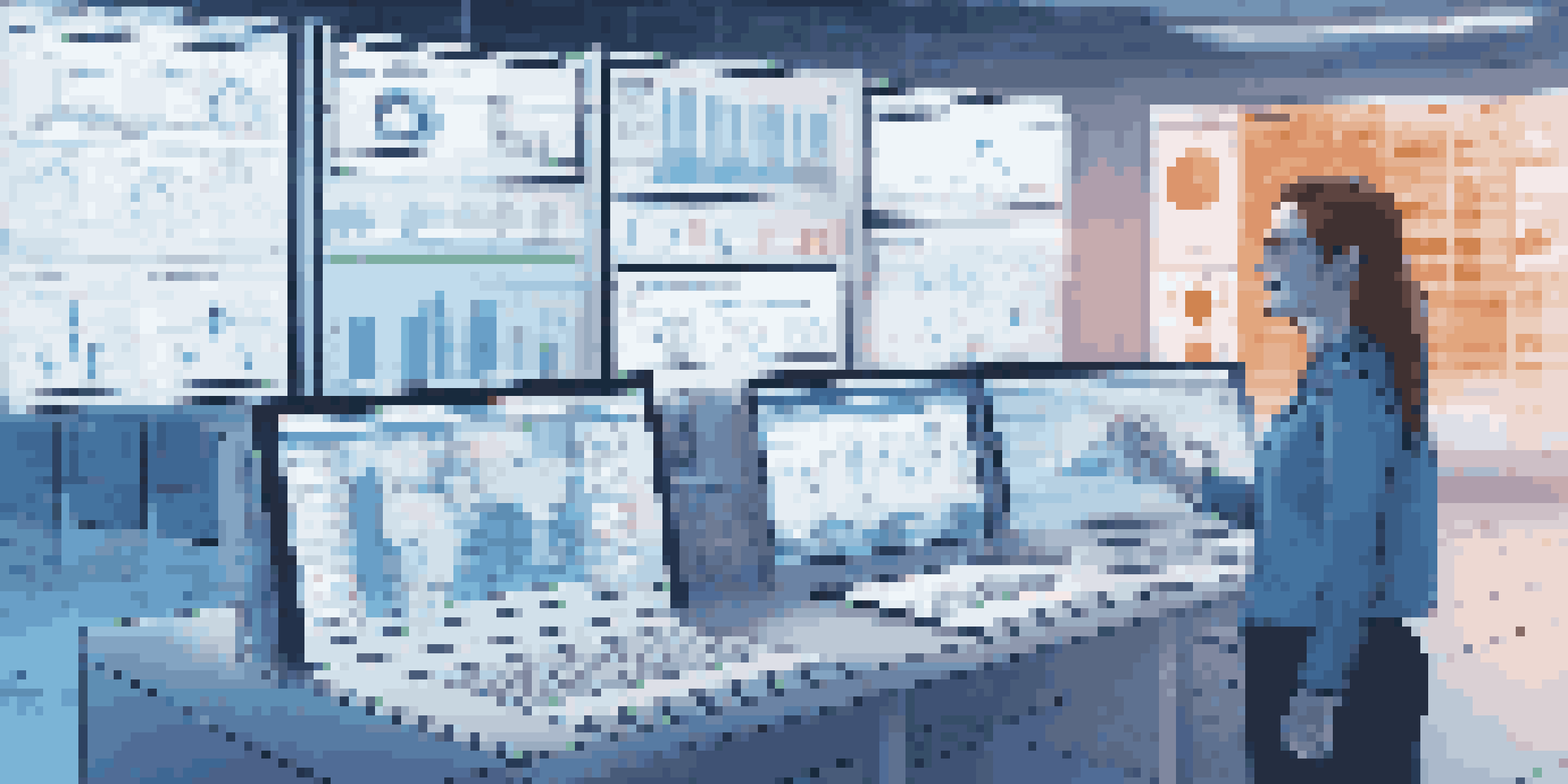A facility manager in a control room observing a digital dashboard with real-time data on screens.