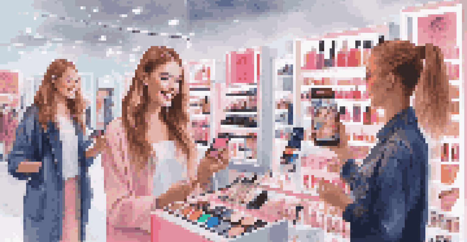 Shoppers using augmented reality to virtually try on makeup in a cosmetics store, with colorful displays around them.