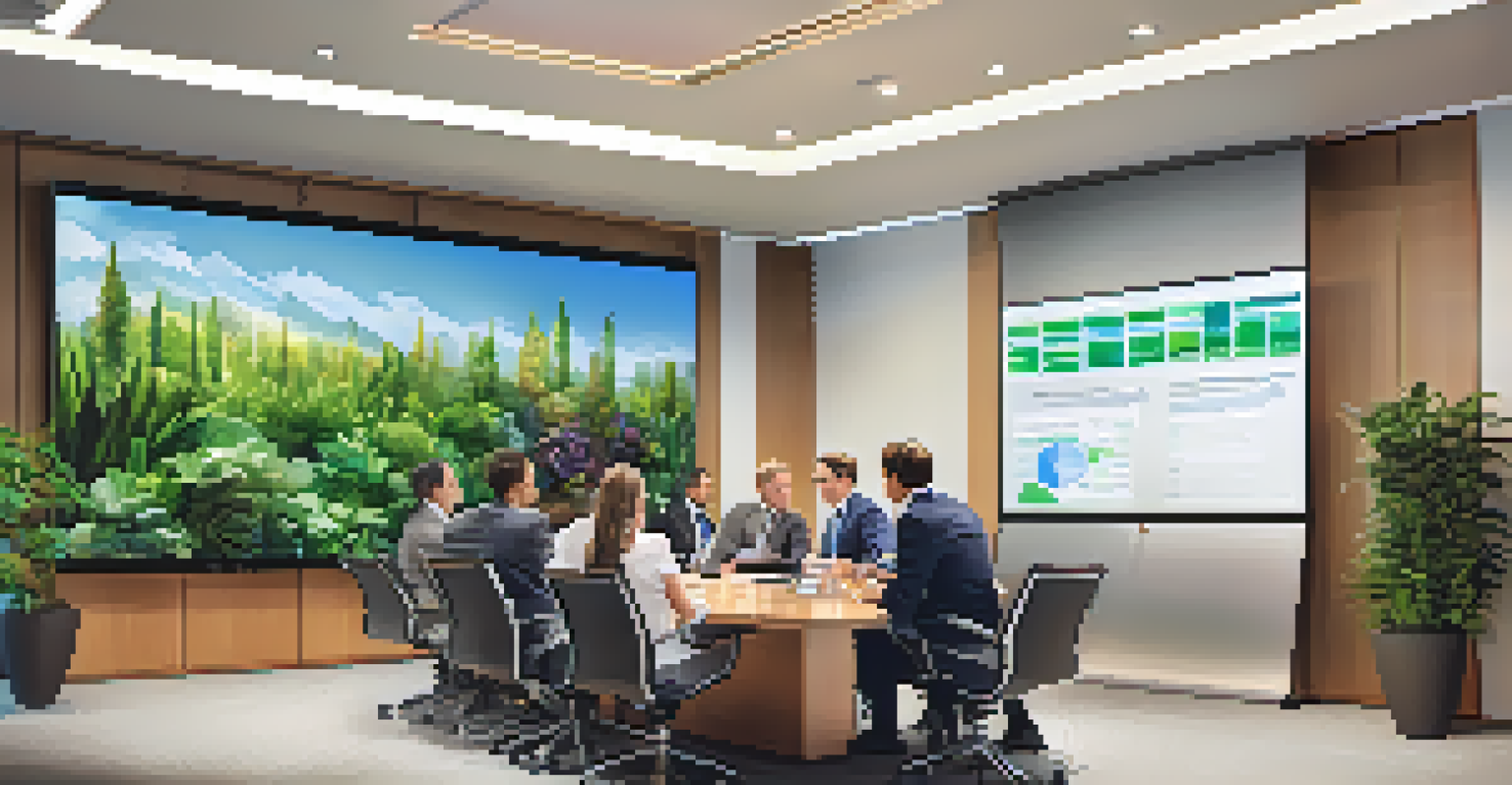 A diverse group of financial analysts collaborating in a conference room with a screen displaying financial forecasts.