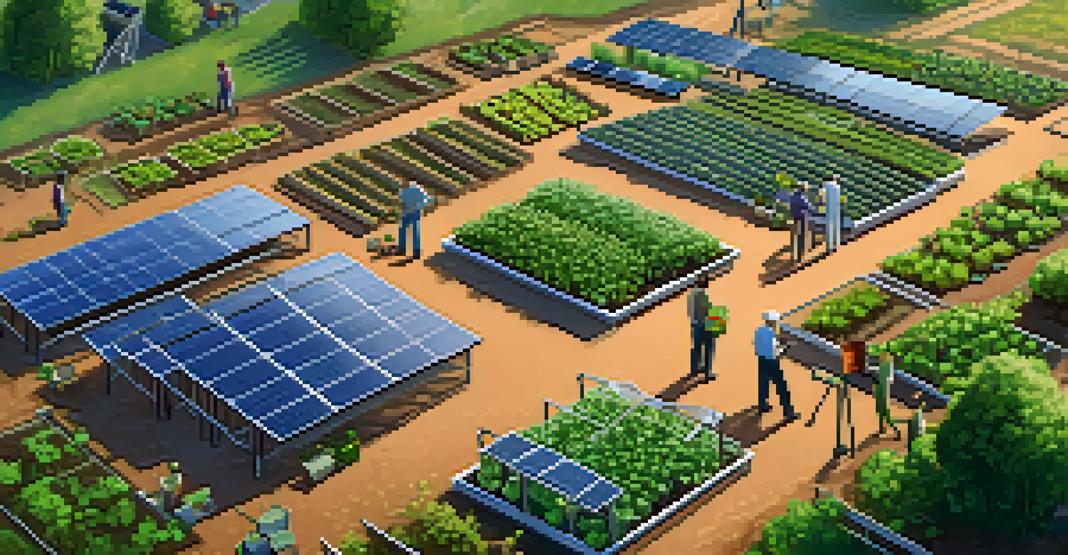 A community garden with people using technology for agriculture, featuring solar panels and wind turbines in the background.