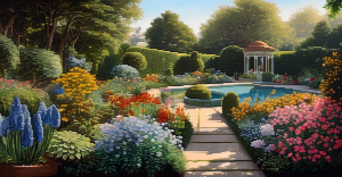 A vibrant garden filled with colorful flowers and plants under warm sunlight, depicting the concept of natural selection.