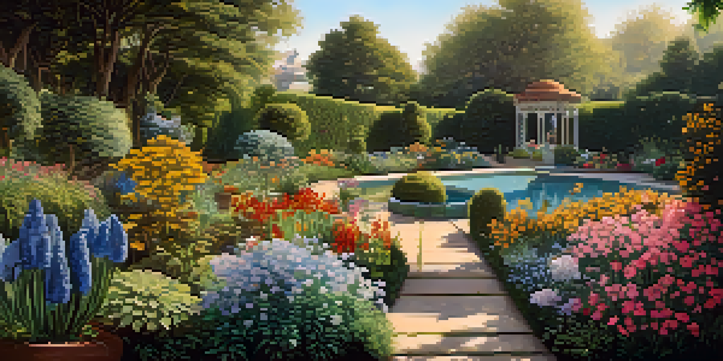 A vibrant garden filled with colorful flowers and plants under warm sunlight, depicting the concept of natural selection.