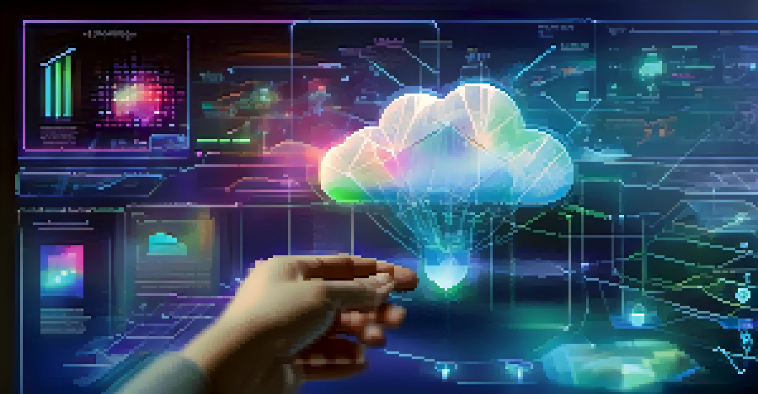 A close-up view of a hand using a holographic interface with AI cloud computing applications, showcasing glowing graphs and icons.