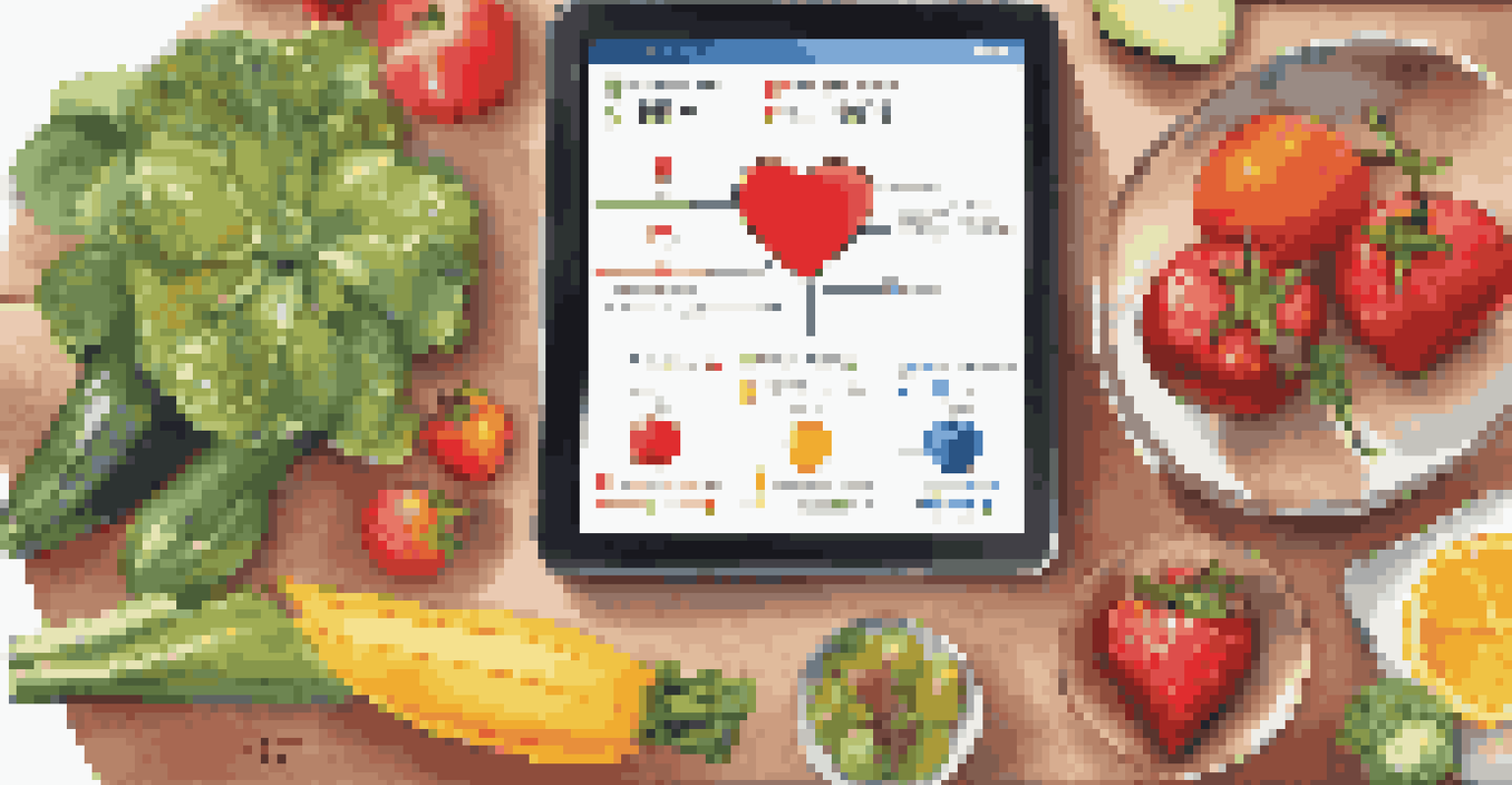 A tablet displaying a heart health tracking app surrounded by heart-healthy foods in a kitchen setting.